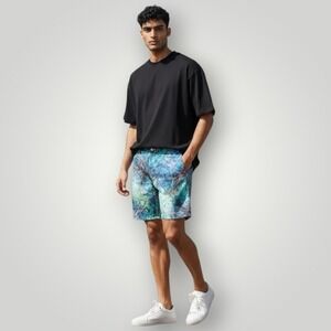 HRESKI Mens Abstract Print Stretch Shorts 38 Multicolor Geometric‎ Design